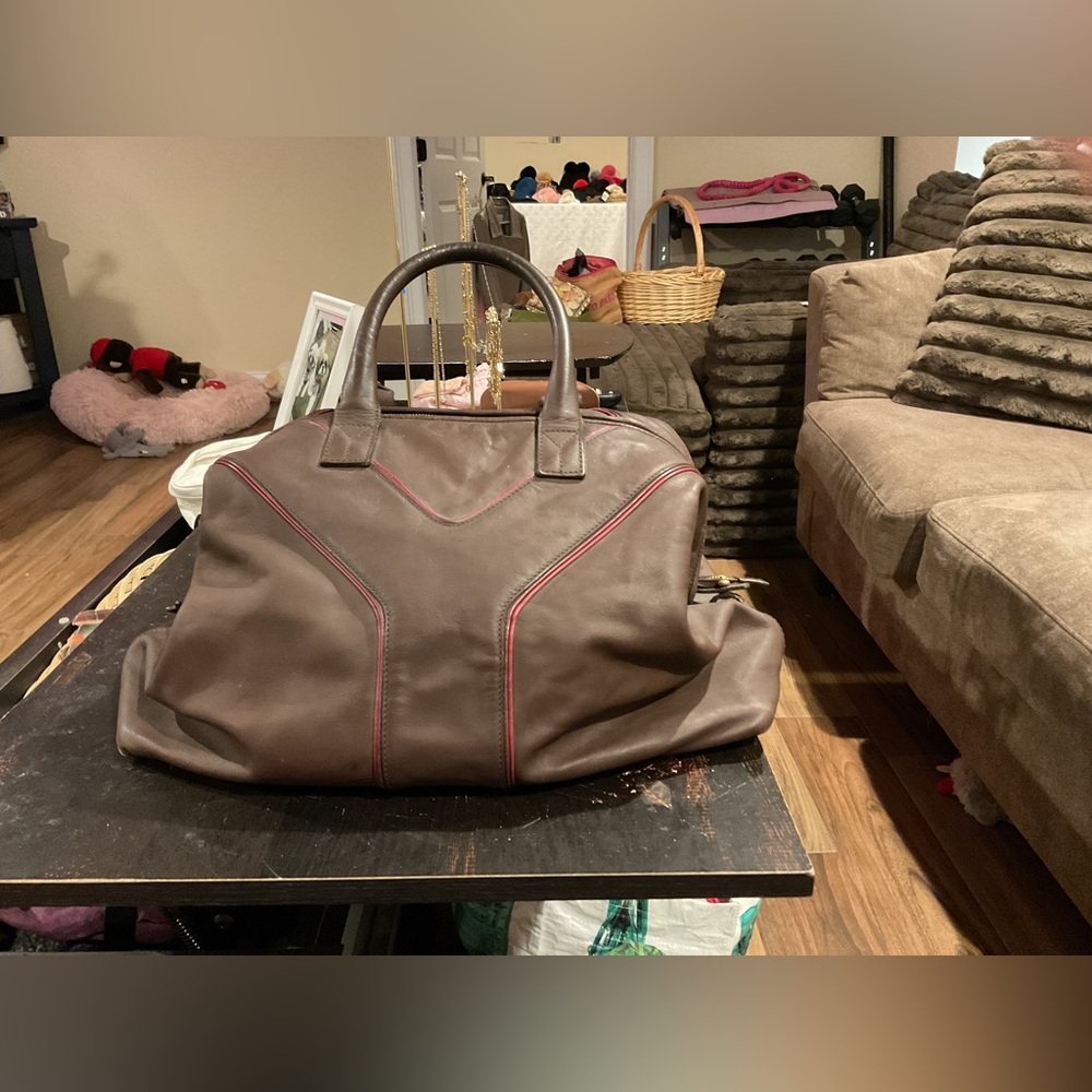 Yves Saint Laurent Dark Brown Leather Handbag with Pink Accents